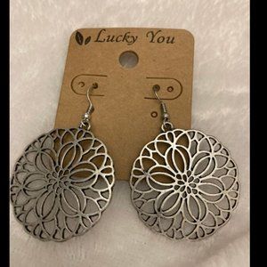 LUCKY YOU Silver Fishhook Dangle Round Filigree Pierced Earrings
